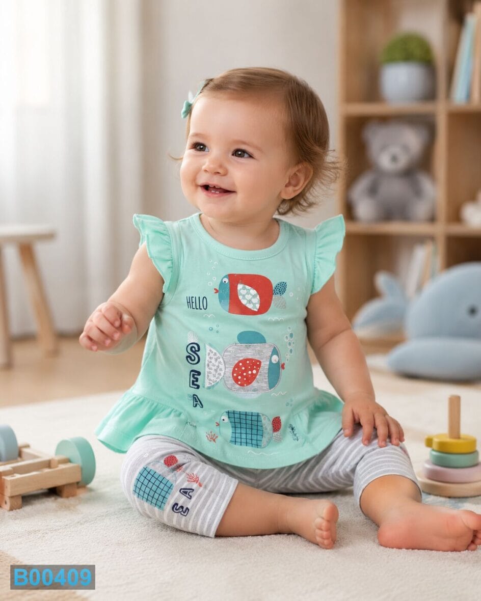 Pamučni komplet za devojčice Ribice mint