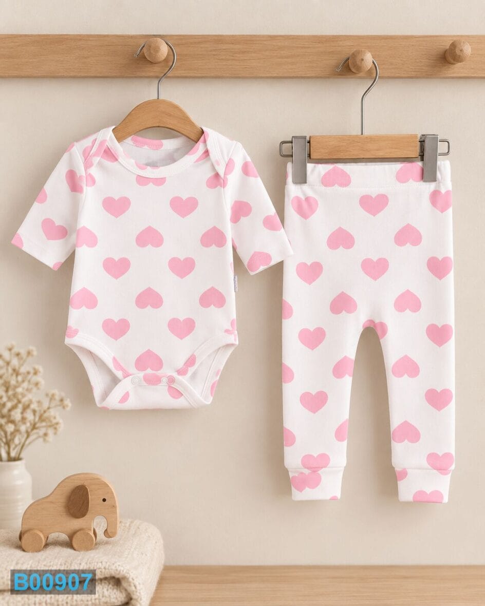 Beli bebi komplet sa bodićem i roze srcima