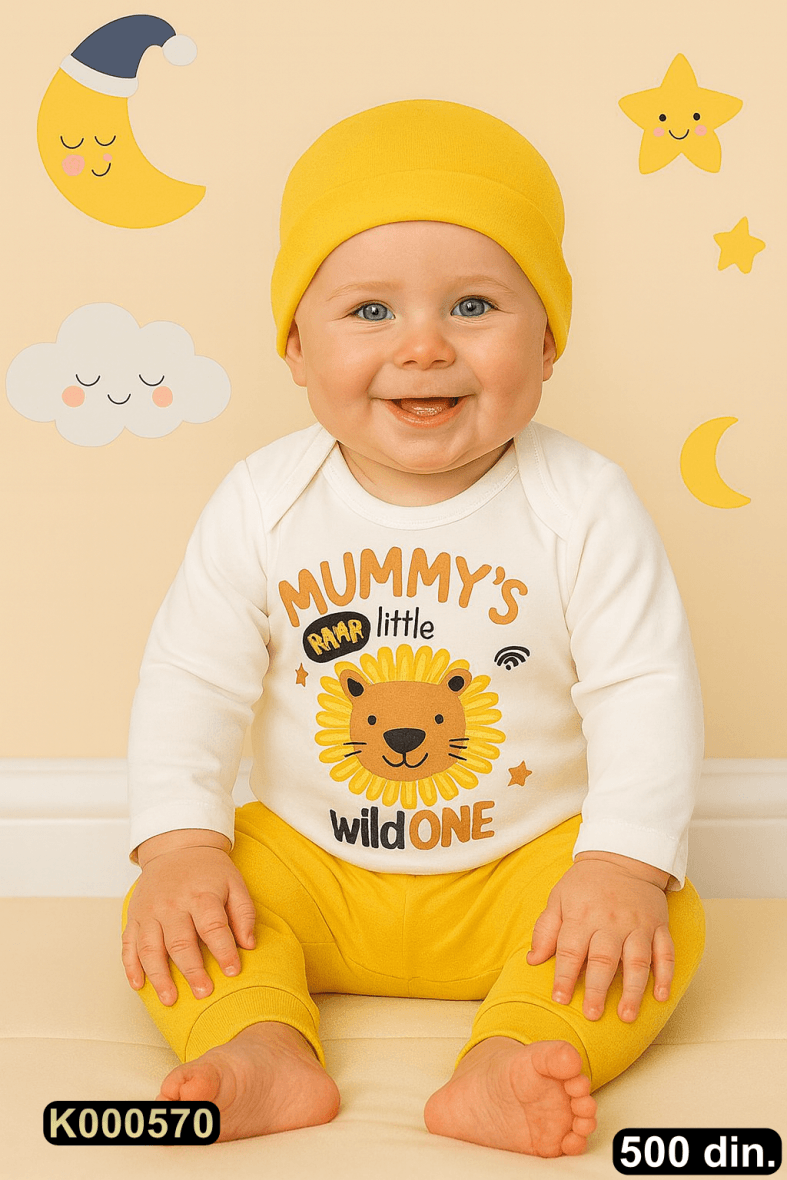 Pamučni komplet iz 3 dela – bodić, pantalonice i kapica (62-80)