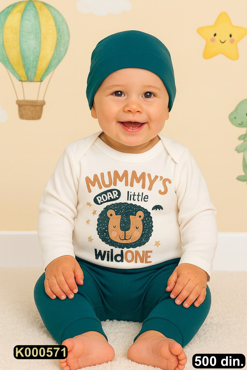 Pamučni komplet iz 3 dela – bodić, pantalonice i kapica (56-74)