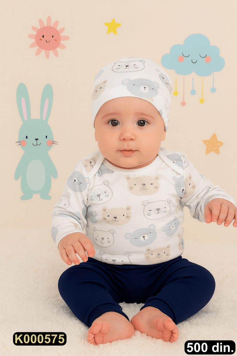 Pamučni komplet iz 3 dela – bodić, pantalonice i kapica