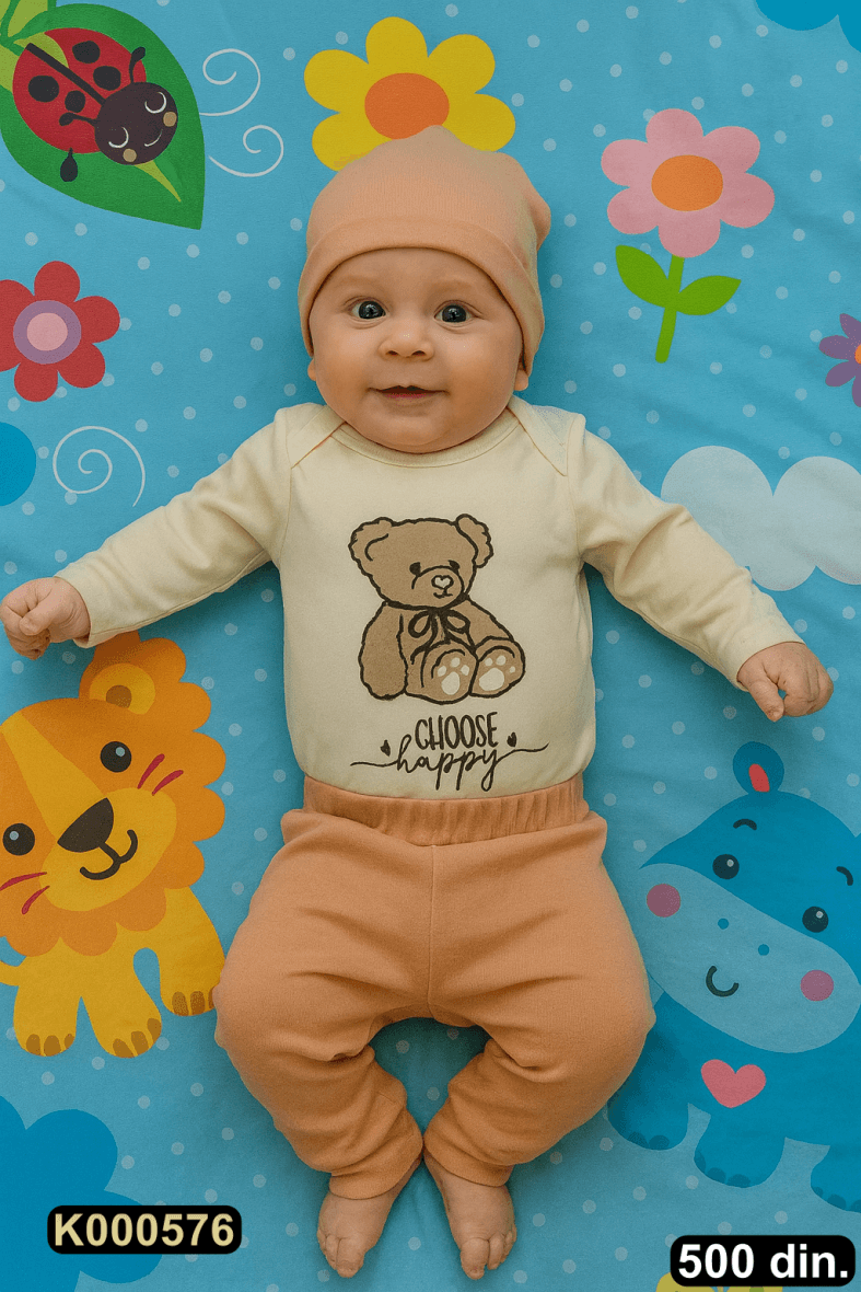 Pamučni komplet iz 3 dela – bodić, pantalonice i kapica (62-74)