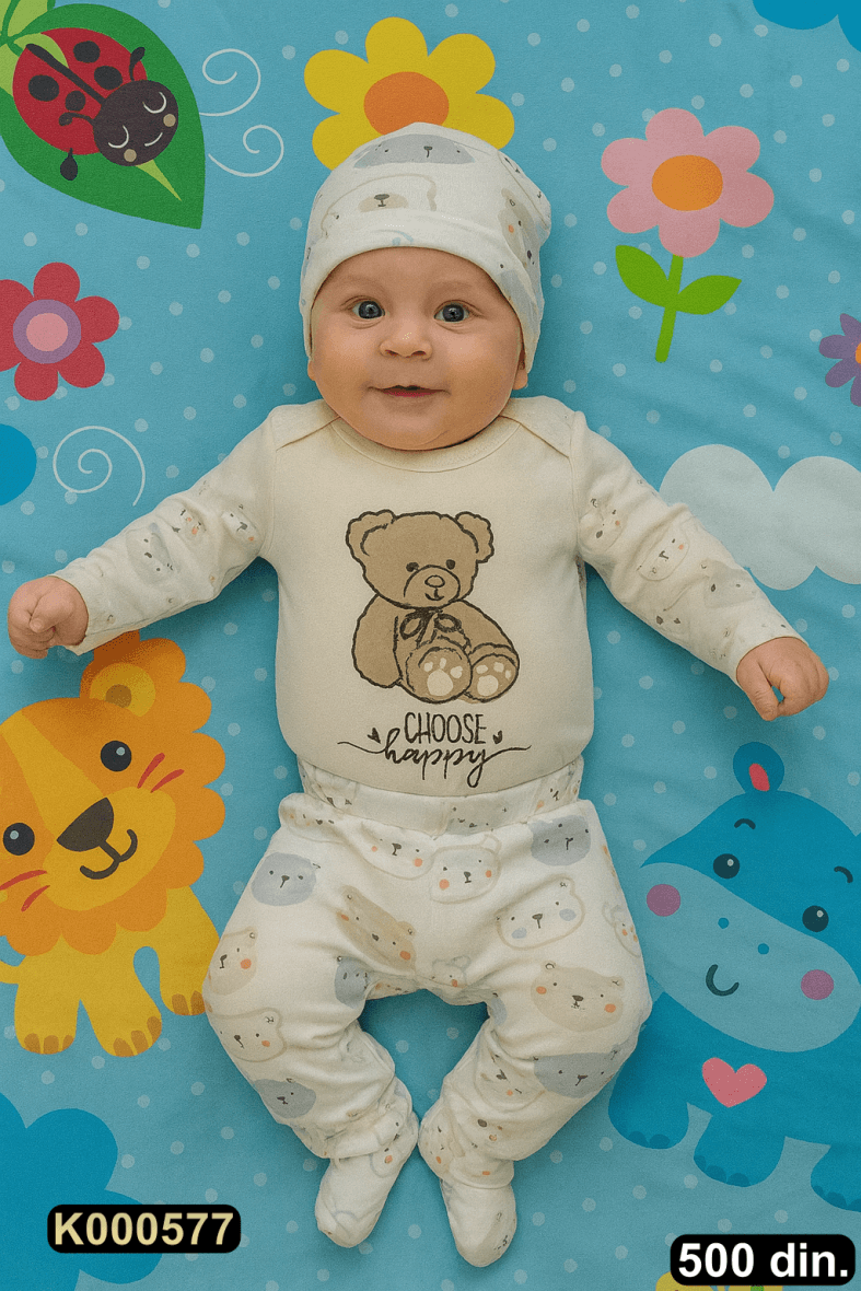 Pamučni komplet iz 3 dela – bodić, pantalonice i kapica (62-74)