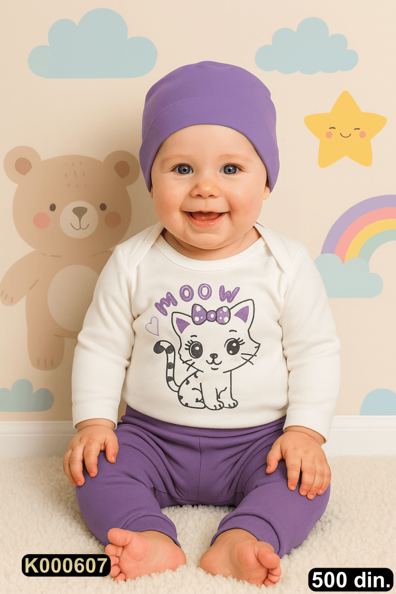 Pamučni komplet iz 3 dela – bodić, pantalonice i kapica (62-80)