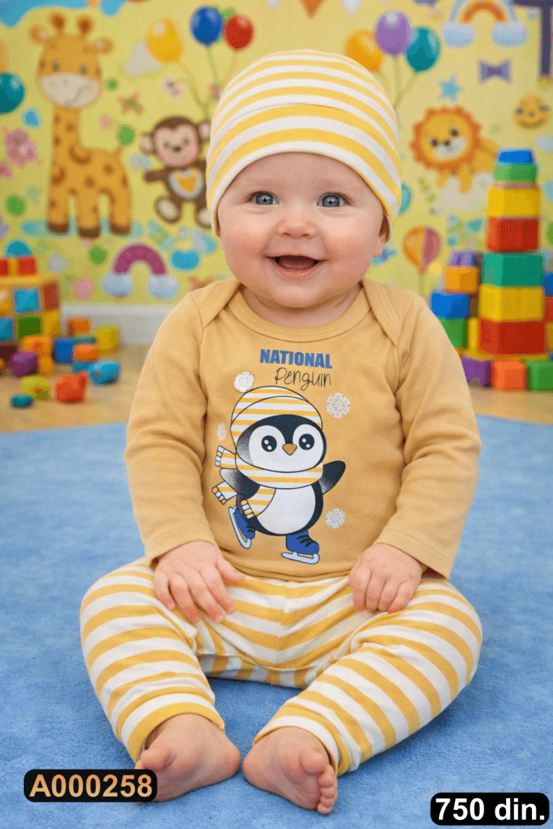 Pamučni komplet iz 3 dela – bodić, pantalonice i kapica (68-74)