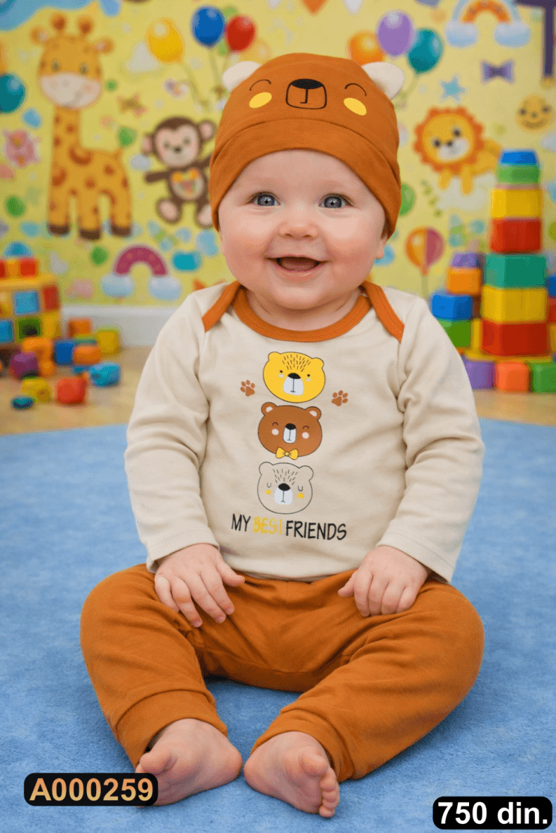 Pamučni komplet iz 3 dela – bodić, pantalonice i kapica (68-74)