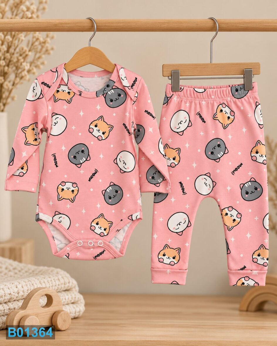 Roze komplet za bebe sa macama i natpisom Meow