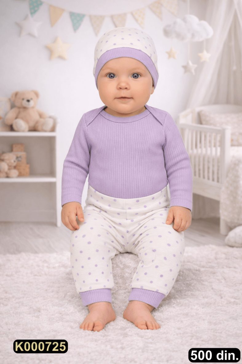 Pamučni komplet iz 3 dela – bodić, pantalonice i kapica