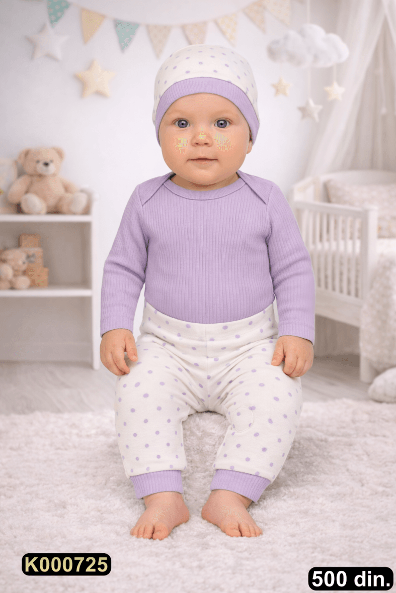 Pamučni komplet iz 3 dela – bodić, pantalonice i kapica (62-74)