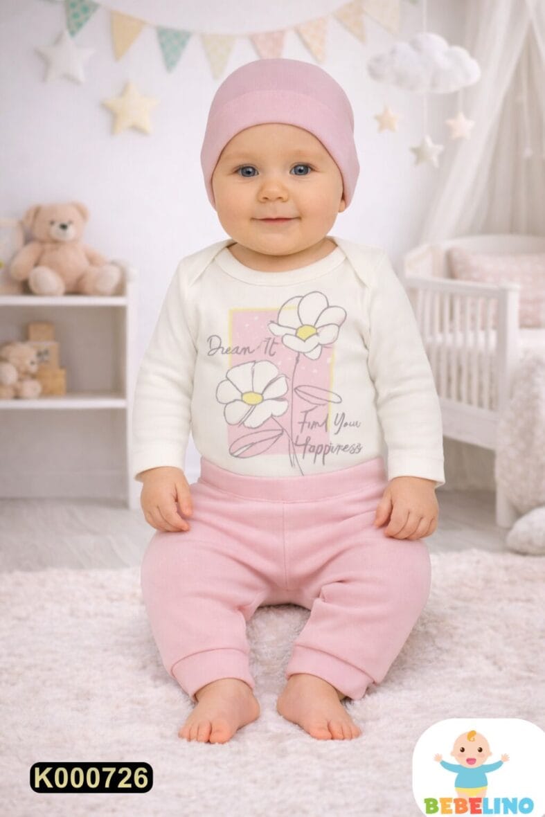 Pamučni komplet iz 3 dela – bodić, pantalonice i kapica