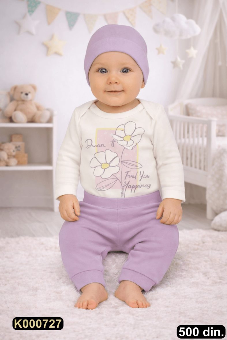 Pamučni komplet iz 3 dela – bodić, pantalonice i kapica