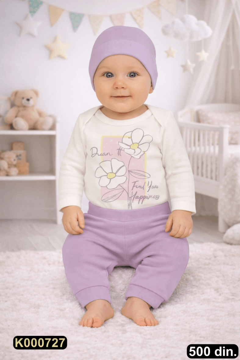 Pamučni komplet iz 3 dela – bodić, pantalonice i kapica (62-74)
