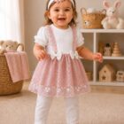Bebi komplet haljina, pantalonice i trakica – roze
