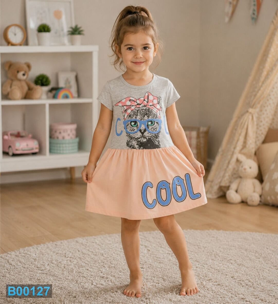 Pamučna haljina za devojčice Cool Cat