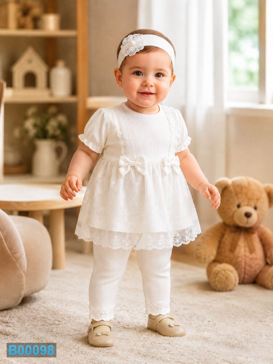 Bebi komplet haljina, pantalonice i trakica – bela