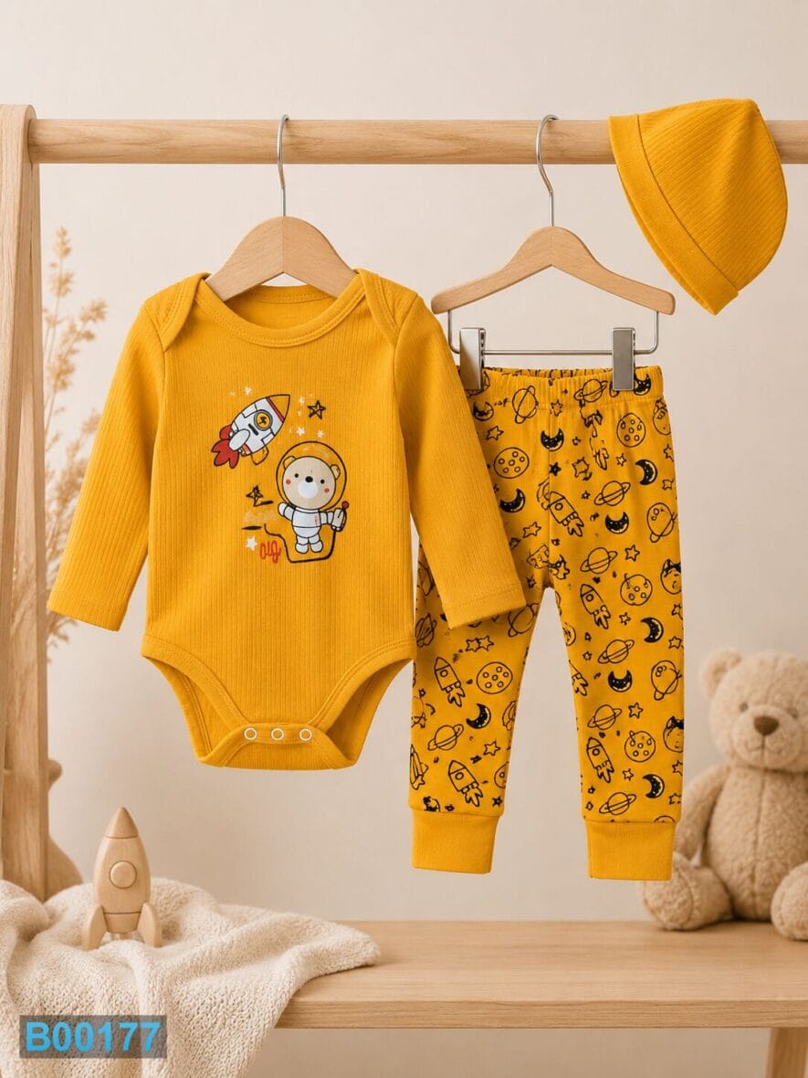 Trodelni bebi komplet Astronaut oker bodi, pantalonice i kapa