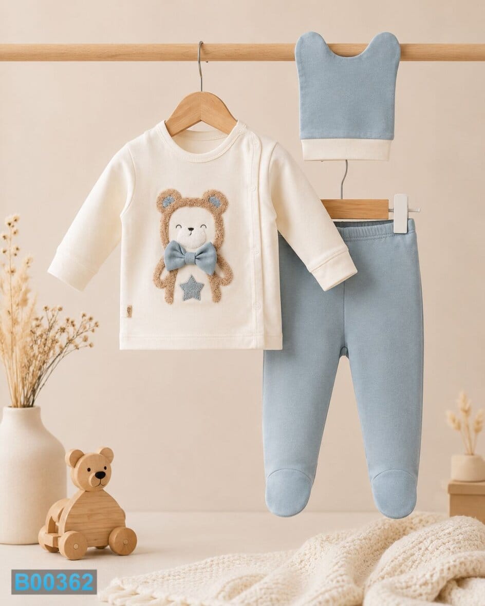 Pamučni trodelni komplet za bebe Meda plavi | Bebelino Kids Pamučni trodelni komplet za bebe Meda plavi