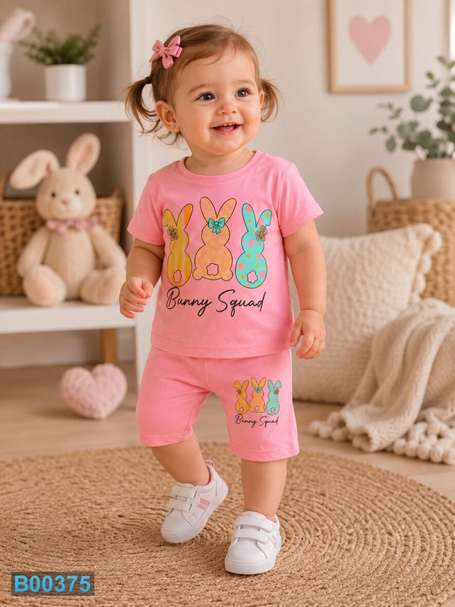 Pamučni bebi komplet za devojčice Bunny Squad roze