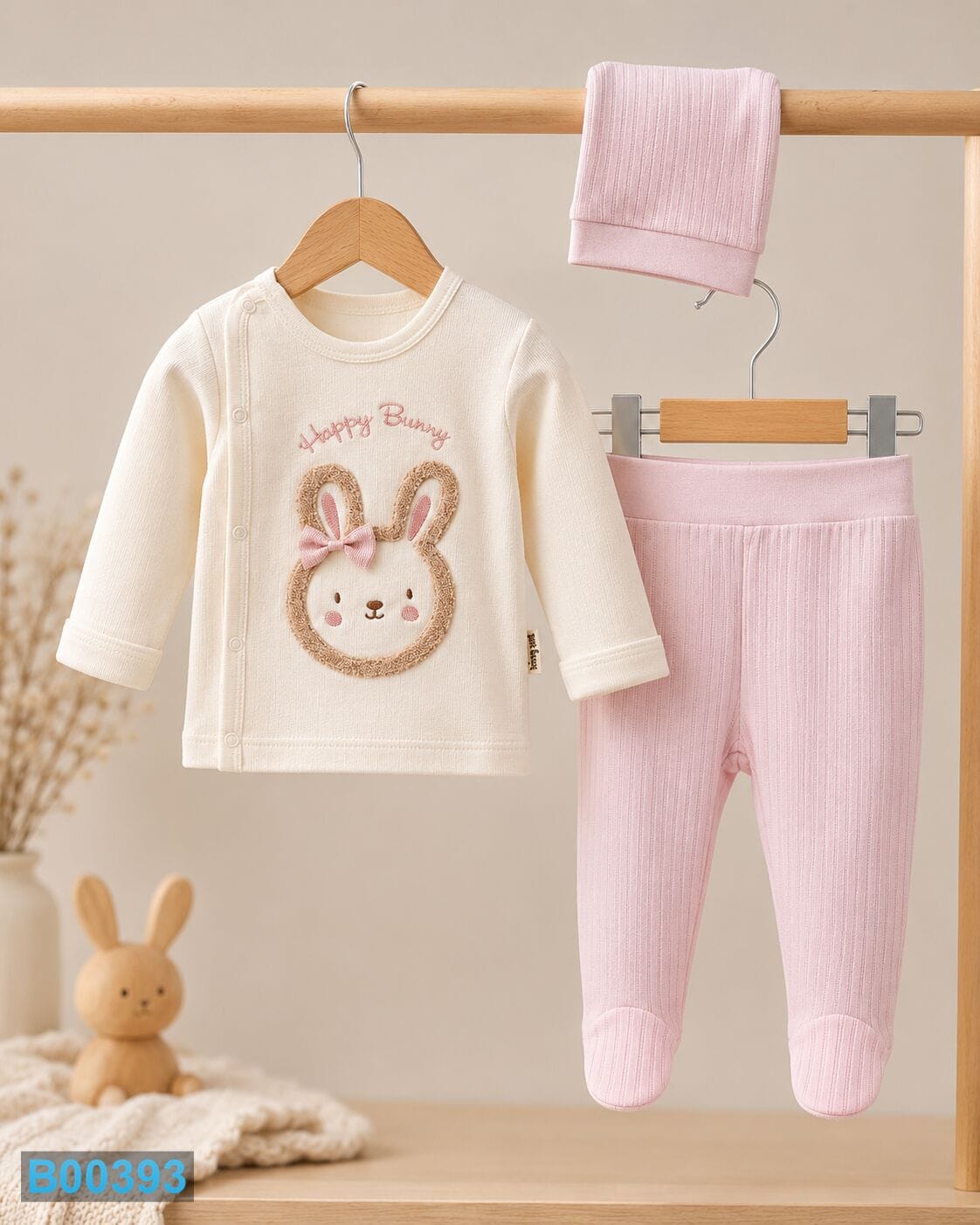 Pamučni trodelni komplet za bebe Happy Bunny roze