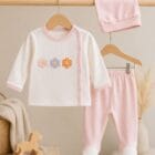 Pamučni trodelni komplet za bebe Cvetići roze