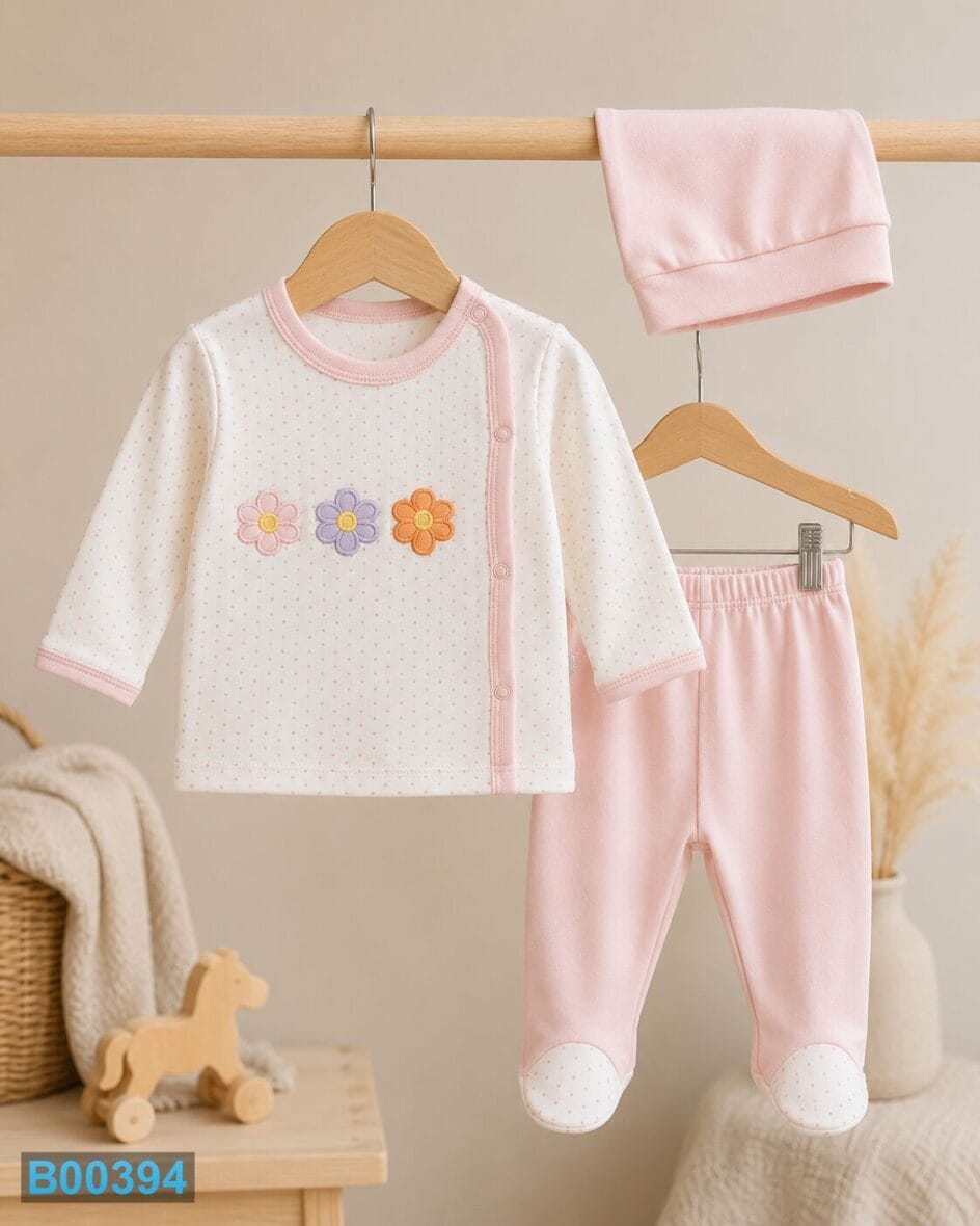 Pamučni trodelni komplet za bebe Cvetići roze