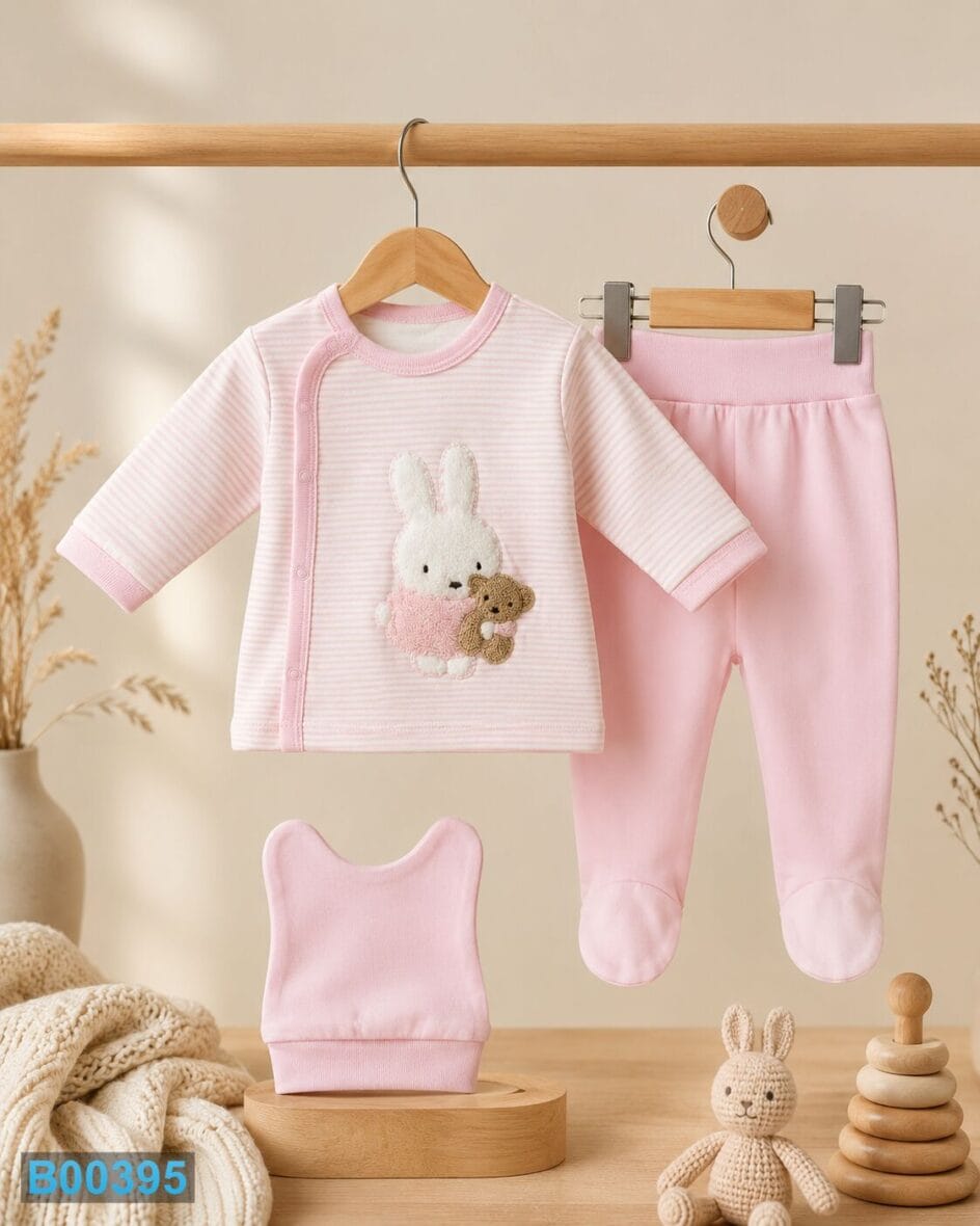 Pamučni trodelni komplet za bebe Zeka Teddy roze
