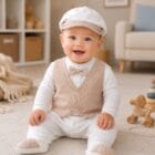 Pamučna svečana zekica za bebe sa kačketom Bež