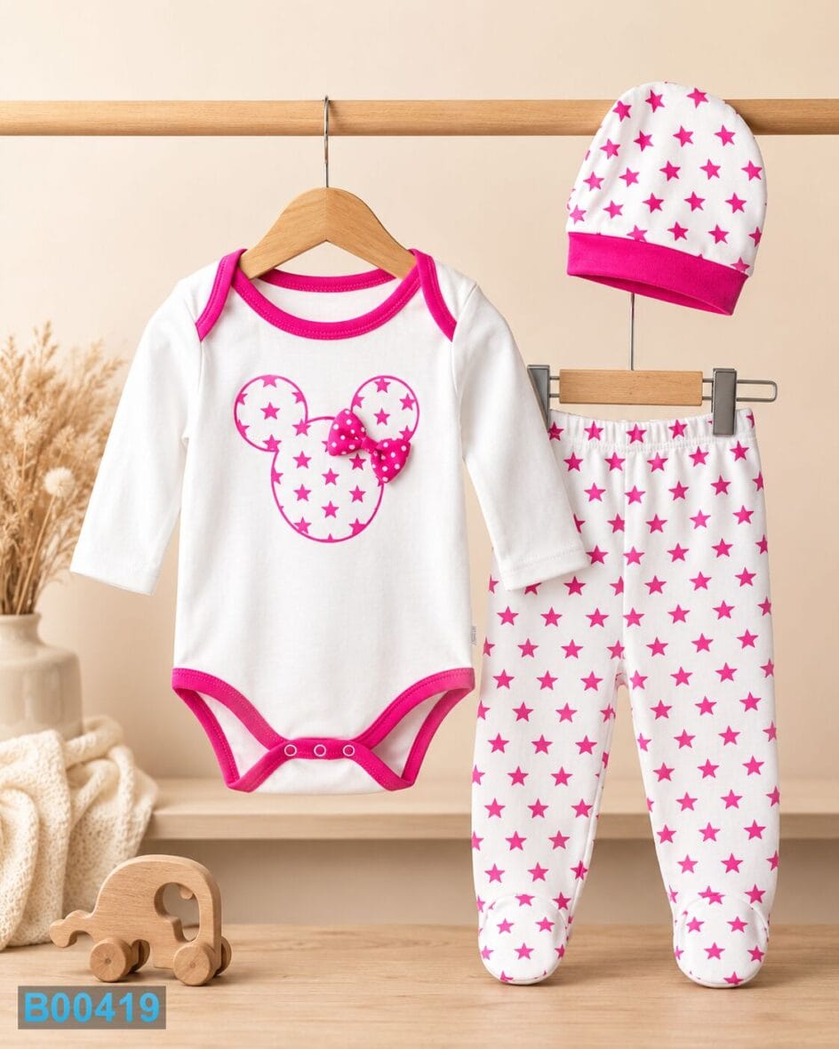 Pamučni trodelni komplet za bebe pink zvezdice