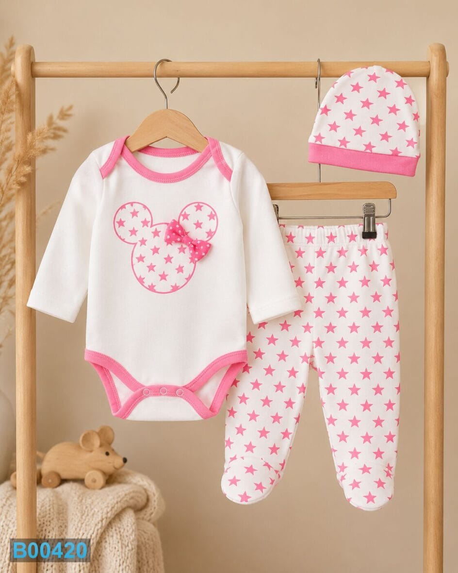 Pamučni trodelni komplet za bebe roze zvezdice
