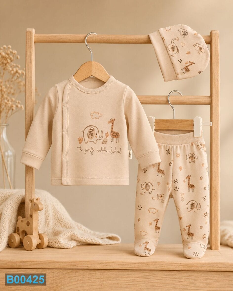 Pamučni trodelni komplet za bebe Safari bež