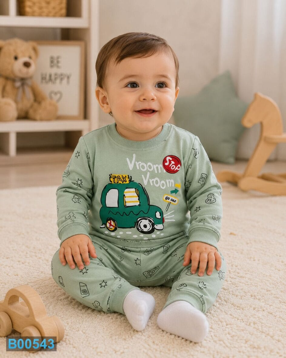 Pamučna pidžama za dečake Vroom sa vozilom – zelena | Bebelino Kids Pamučna pidžama za dečake Vroom sa vozilom – zelena
