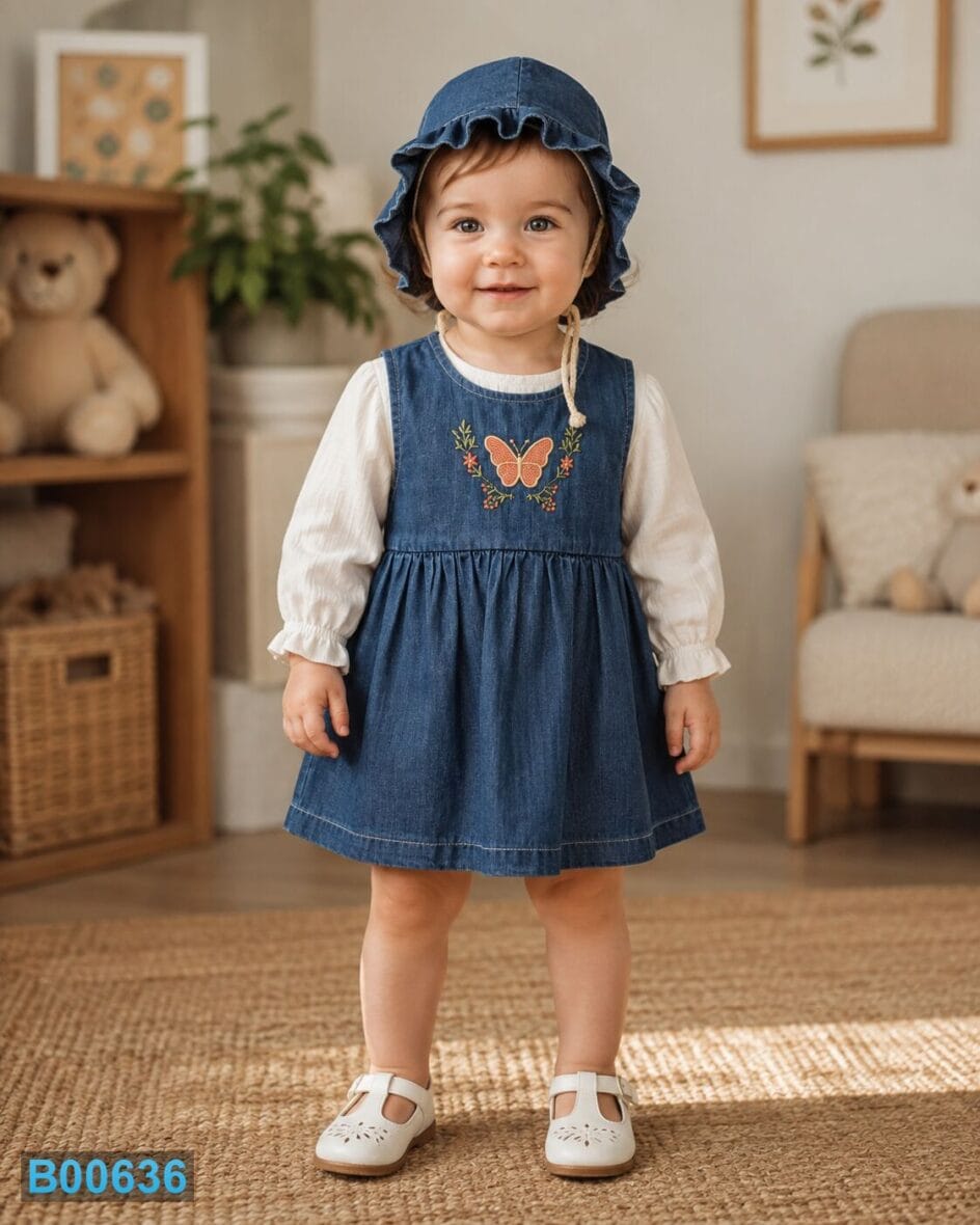 Denim komplet za devojčice sa leptirom, majicom i kapicom | Bebelino Kids Denim komplet za devojčice sa leptirom, majicom i kapicom