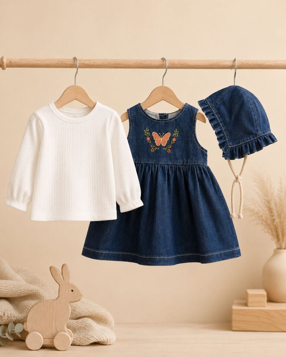 Denim komplet za devojčice sa leptirom, majicom i kapicom | Bebelino Kids Denim komplet za devojčice sa leptirom, majicom i kapicom
