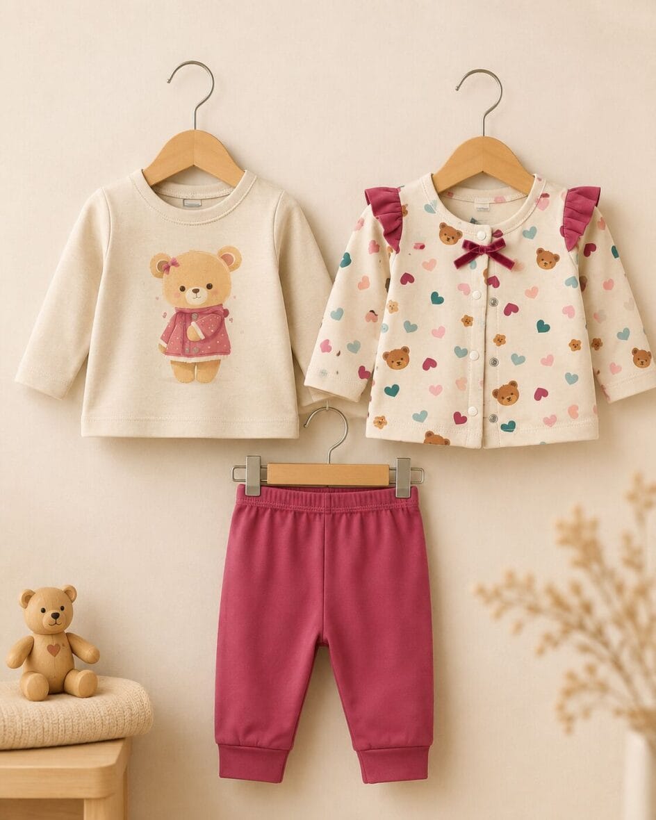 Pamučni trodelni komplet za devojčice sa medvedićima – roze | Bebelino Kids Pamučni trodelni komplet za devojčice sa medvedićima – roze