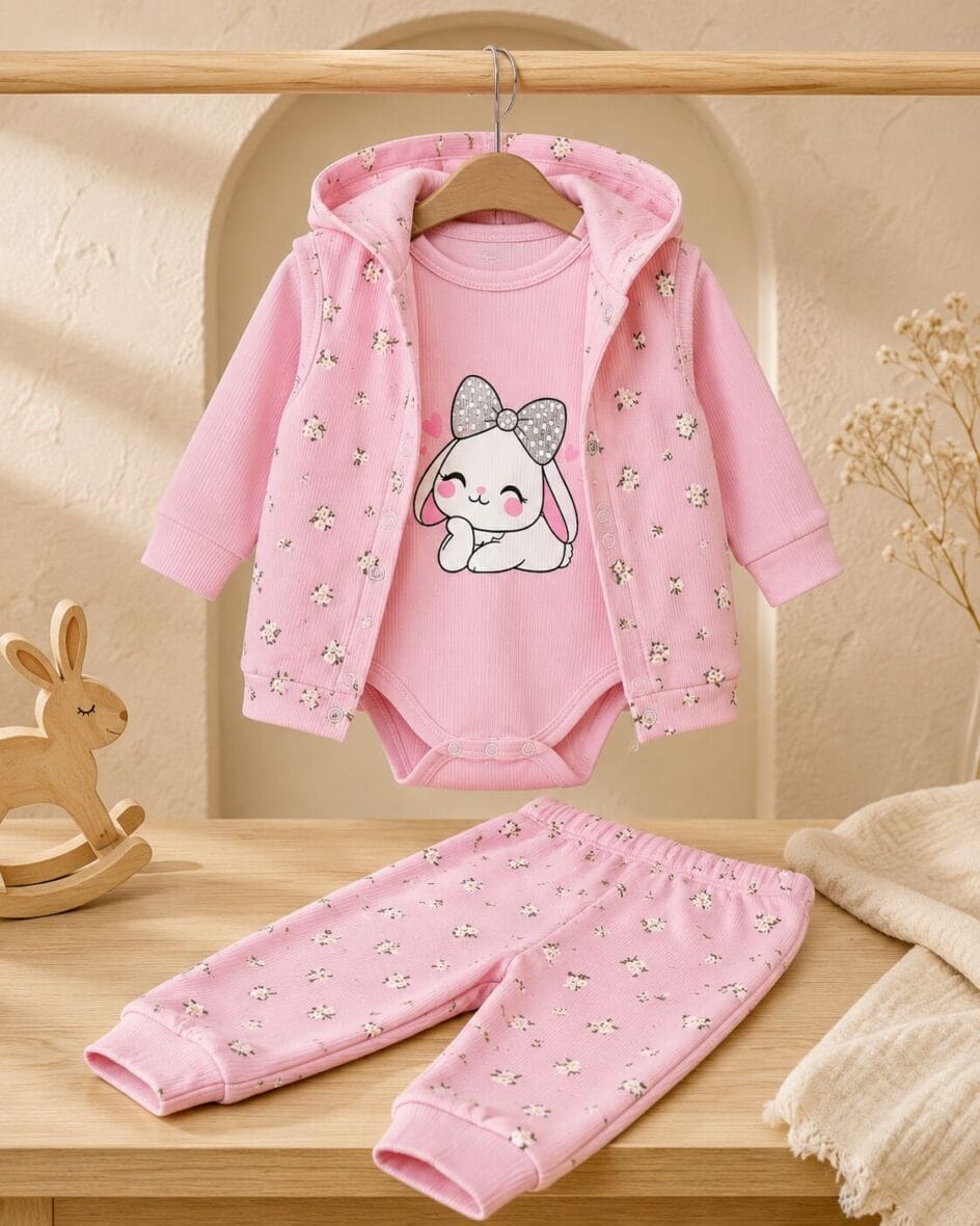 Pamučni komplet za devojčice sa zečicom – roze | Bebelino Kids Pamučni komplet za devojčice sa zečicom – roze