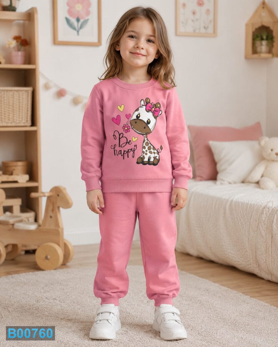 Pamučni komplet za devojčice sa žirafom Be happy – roze