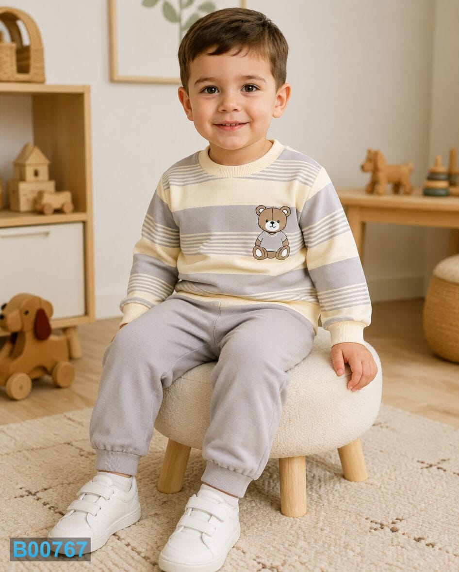 Pamučni dečiji komplet sa medvedićem – krem i sivi | Bebelino Kids Pamučni dečiji komplet sa medvedićem – krem i sivi