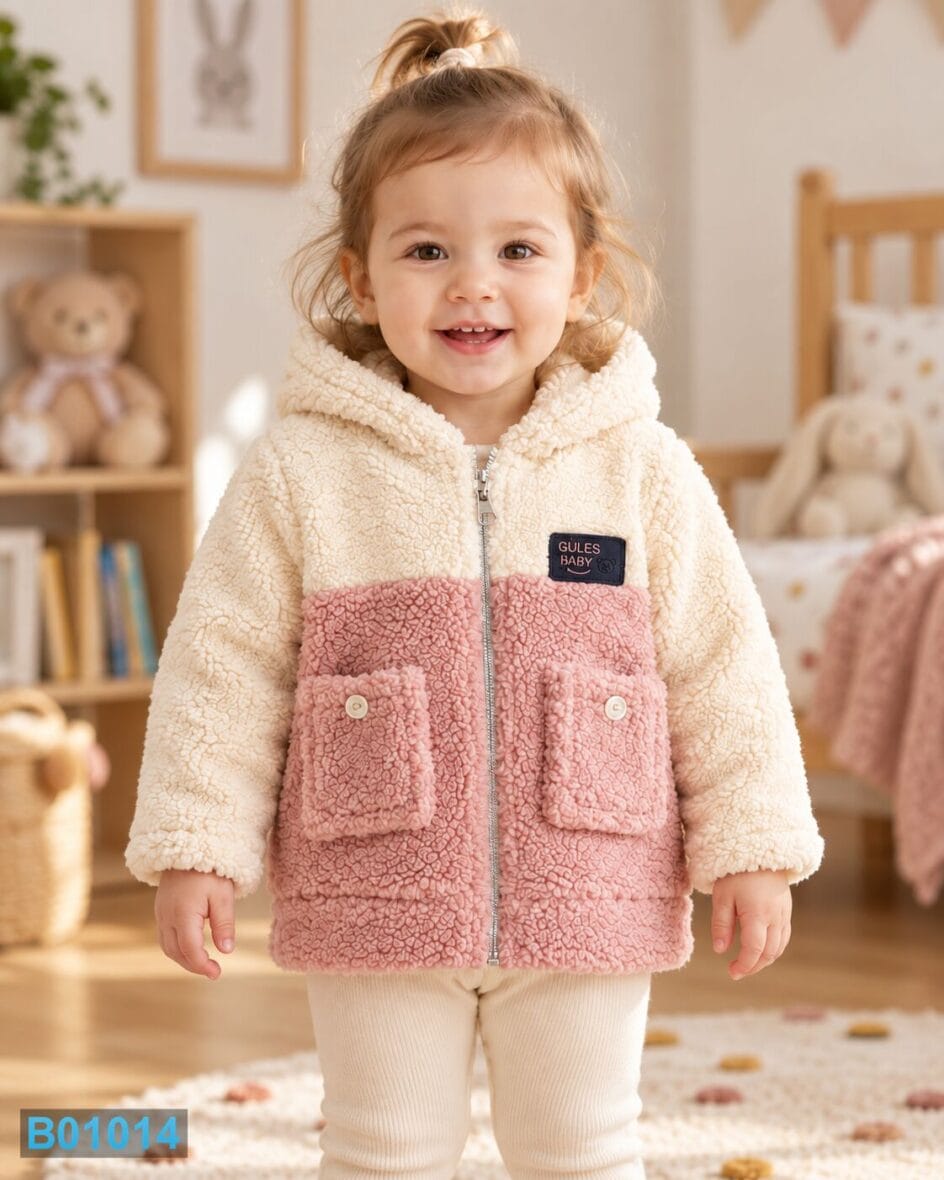 Čupava jakna za bebe sa kapuljačom prljavo roze