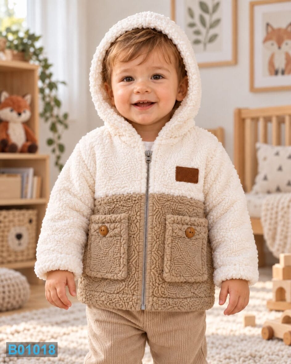 Čupava jakna za bebe sa kapuljačom krem