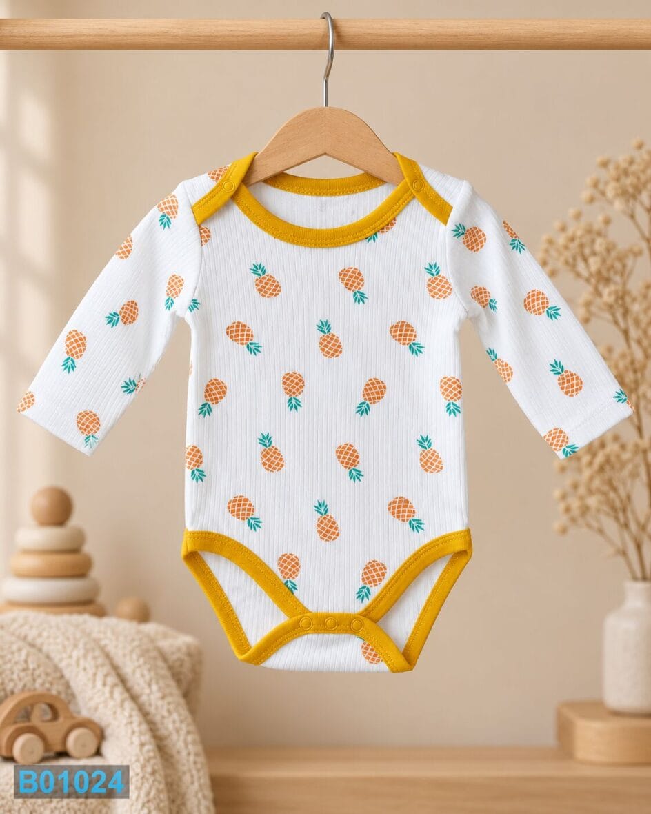Pamučni bebi bodi sa ananasima i žutim obrubom | Bebelino Kids Pamučni bebi bodi sa ananasima i žutim obrubom
