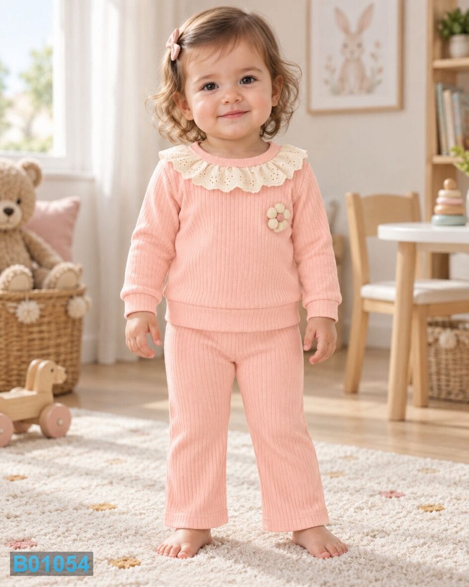 Pamučni komplet za devojčice sa čipkastom kragnom – roze | Bebelino Kids Pamučni komplet za devojčice sa čipkastom kragnom – roze