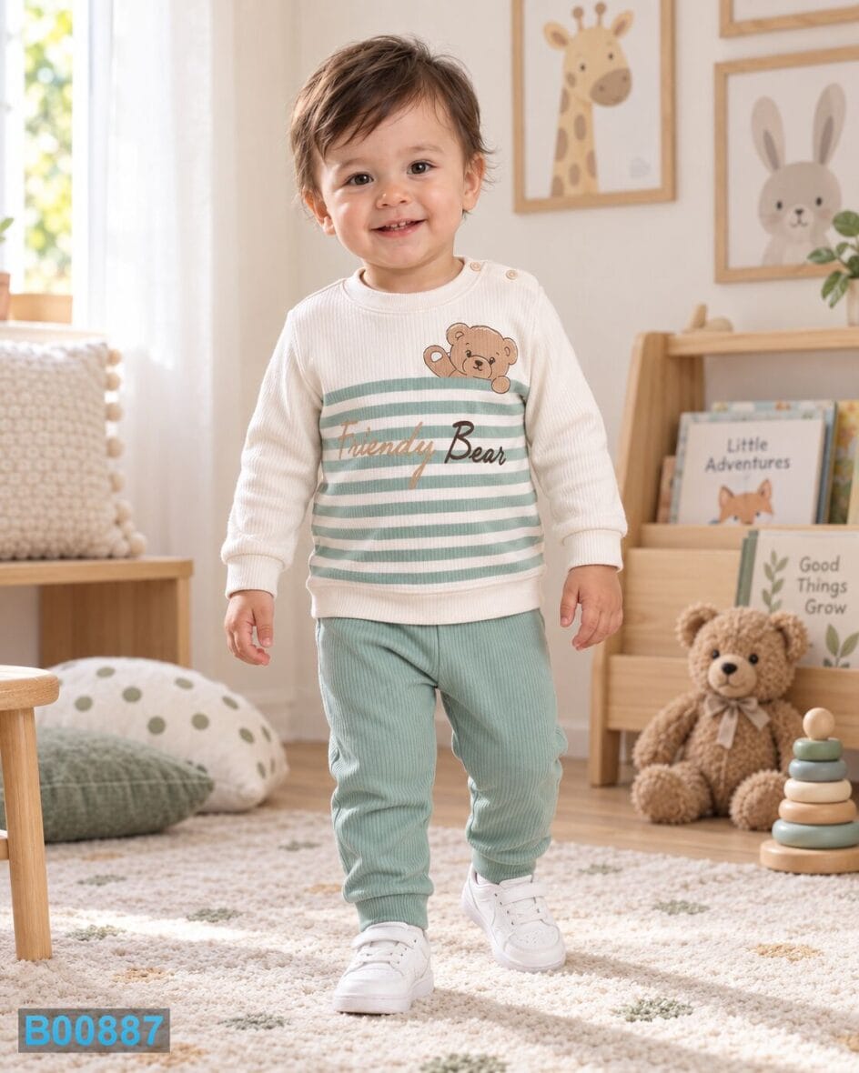 Pamučni komplet za dečake Friendly Bear – mint zelena