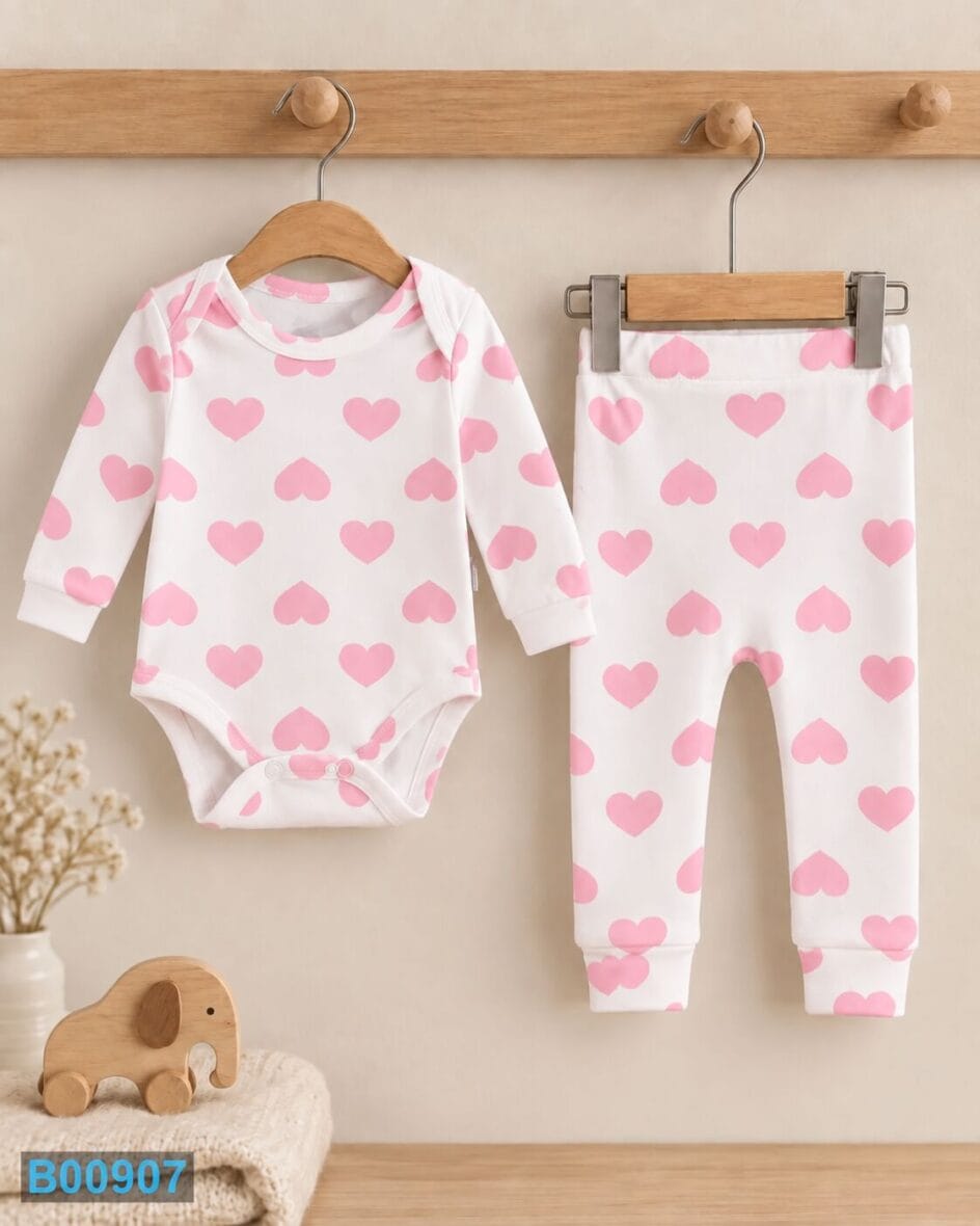 Beli bebi komplet sa bodićem i roze srcima