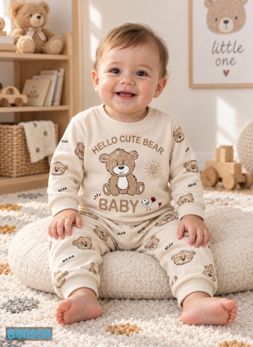 Pamučna pidžama za dečake Cute Bear – svetlobež