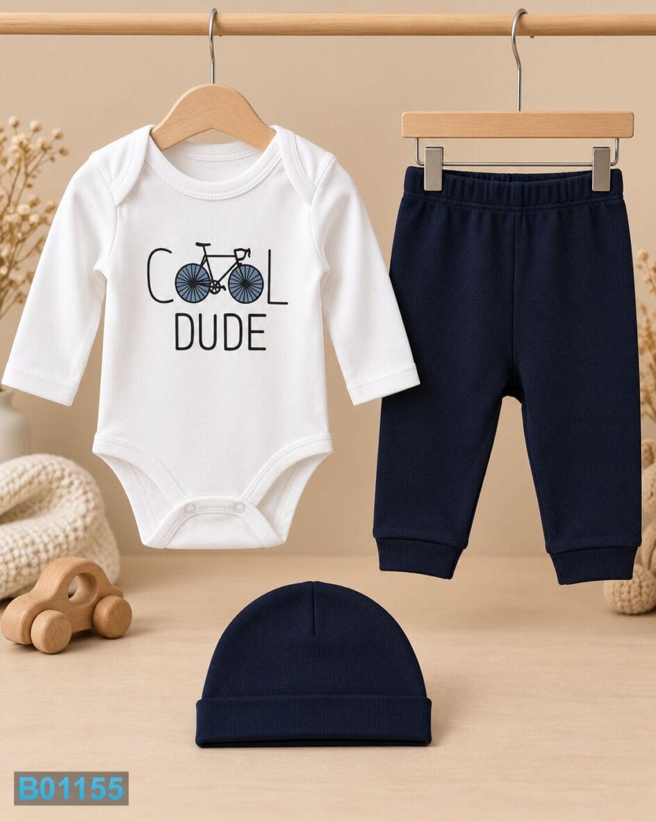 Pamučne tamno teget pantalone za dečake sa bodićem i kapicom