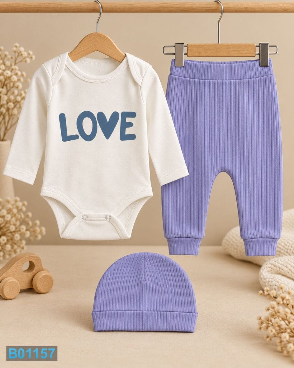 Pamučni trodelni komplet za devojčice LOVE – lila | Bebelino Kids Pamučni trodelni komplet za devojčice LOVE – lila