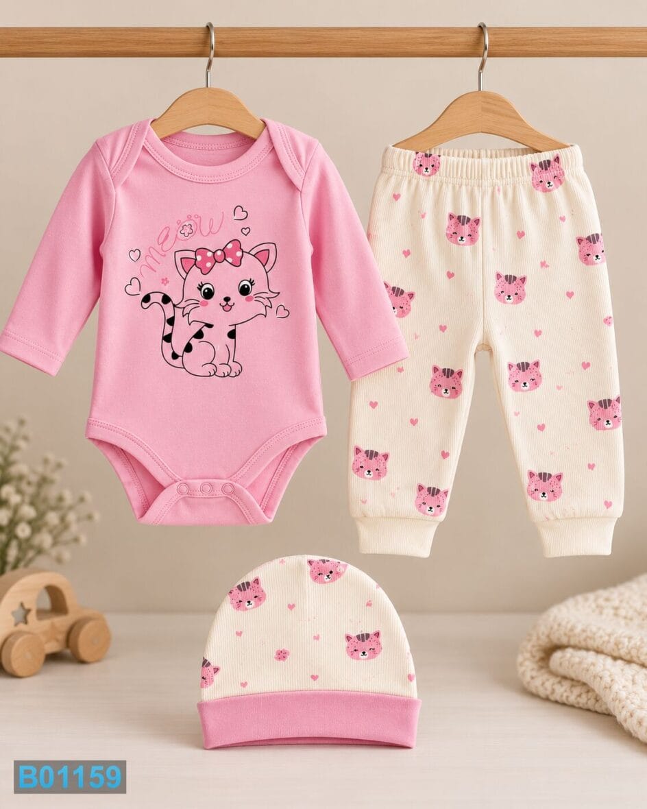 Pamučni komplet za devojčice sa macama – roze