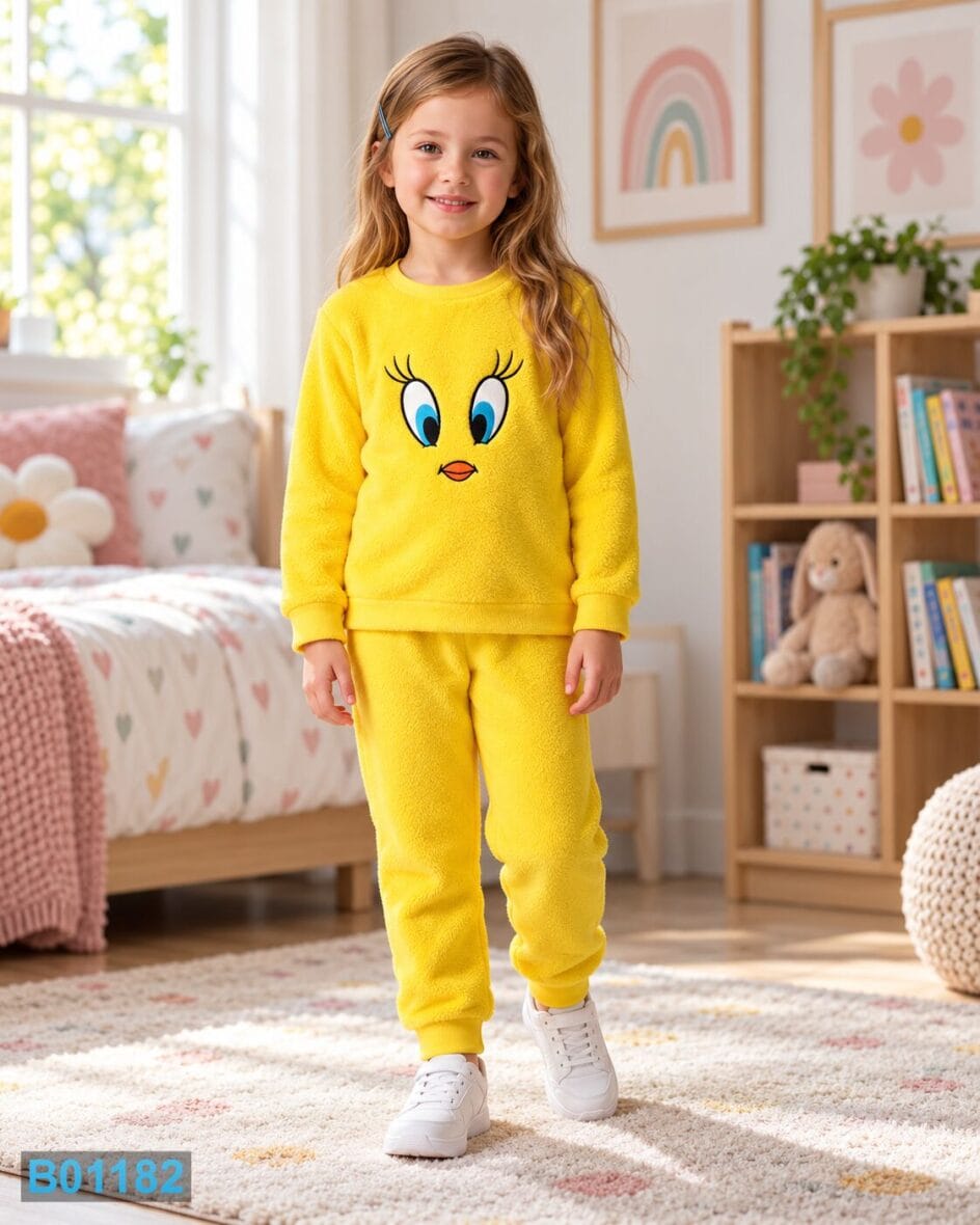Čupavi žuti komplet za devojčice sa ptičicom | Bebelino Kids Čupavi žuti komplet za devojčice sa ptičicom