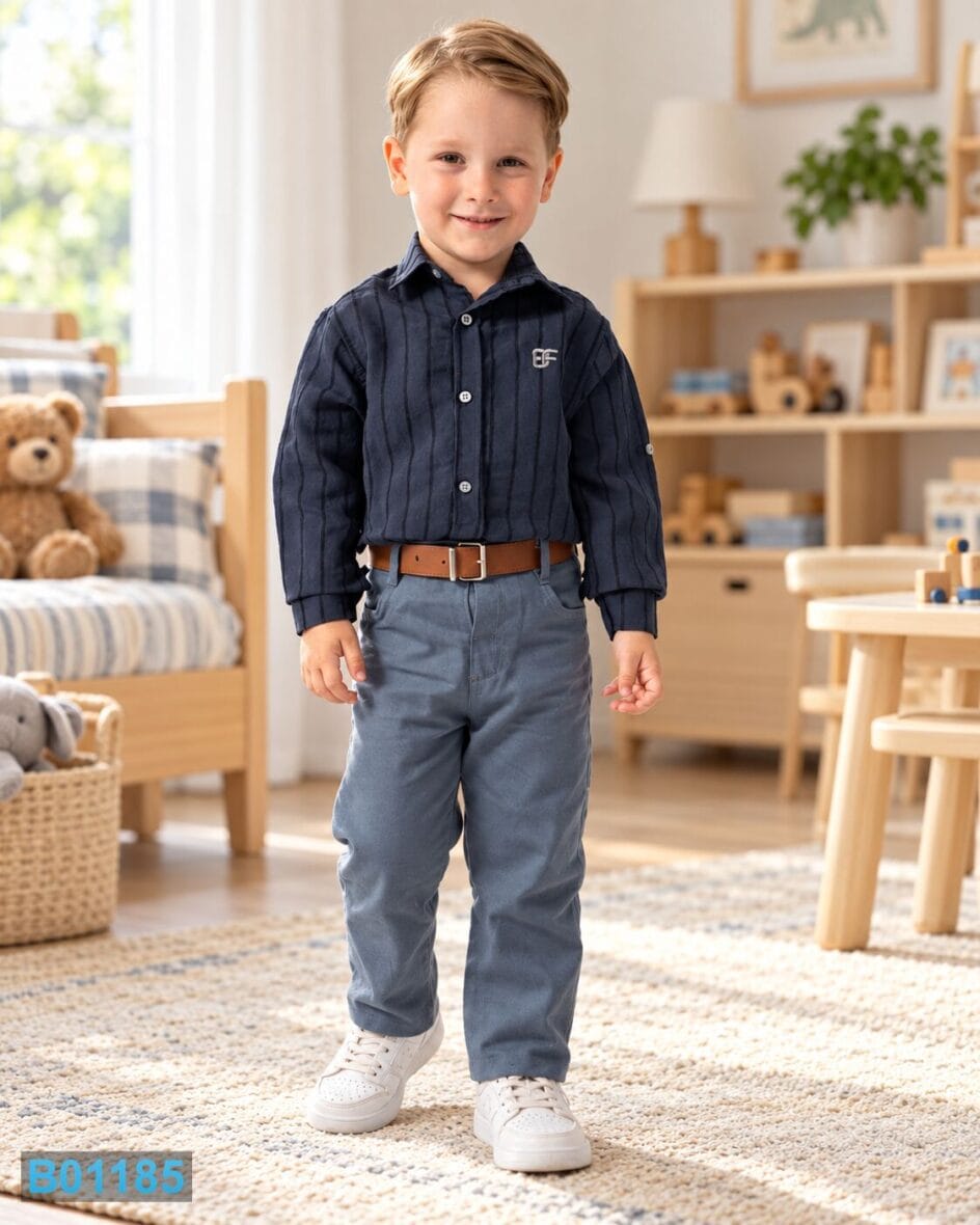 Pamučni komplet za dečake sa tamnoplavom košuljom i pantalonama