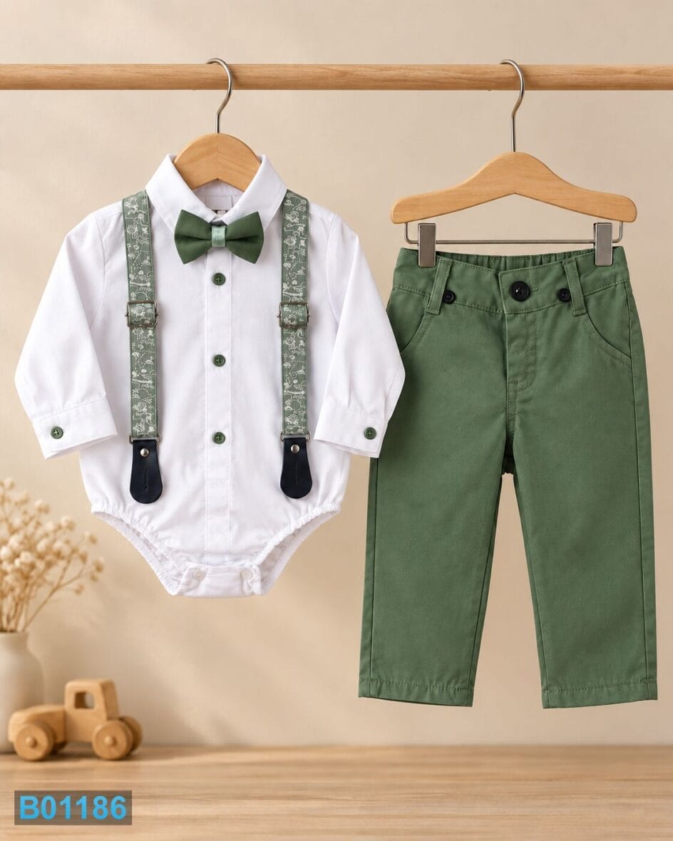 Svečane pantalone za dečake sa tregerima – zelene | Bebelino Kids Svečane pantalone za dečake sa tregerima – zelene